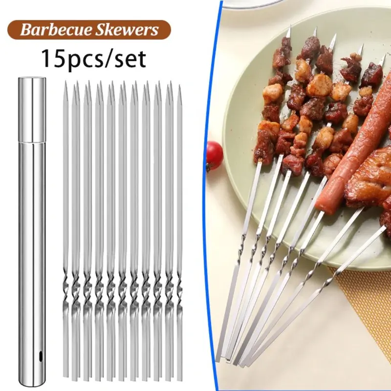 Que Xiên Đồ Nướng Thịt Bằng Thép Không Gỉ, Bền, Có Thể Tái Sử Dụng, 15 Cái / bộ, Phụ Kiện Tiệc Cắm Trại, Dụng Cụ Nấu Ăn Phẳng, Que Sắt Kebab, Thích Hợp Sử Dụng Ngoài Trời 1