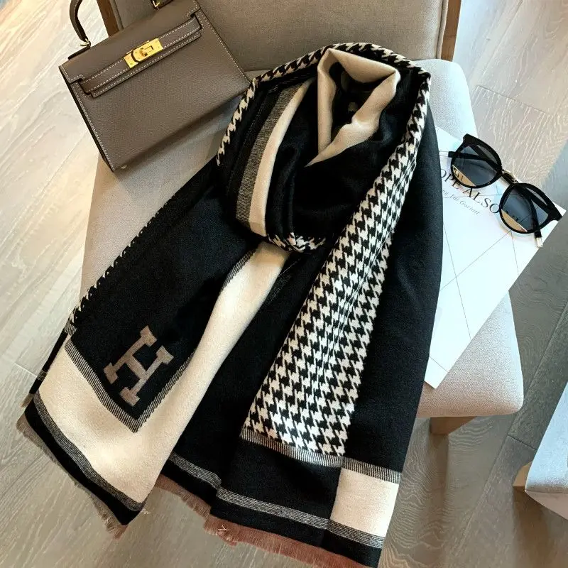 2024 High-Grade Houndstooth Scarf for Women Winter All-Matching Talma Korean Style Letter Scarf Soft Cashmere Feel