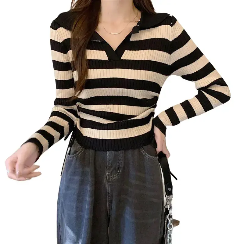 Atasan Kerah Rajut Wanita Kaos berkerah Polo Vneck Tali Serut Style Korea Baju Fit