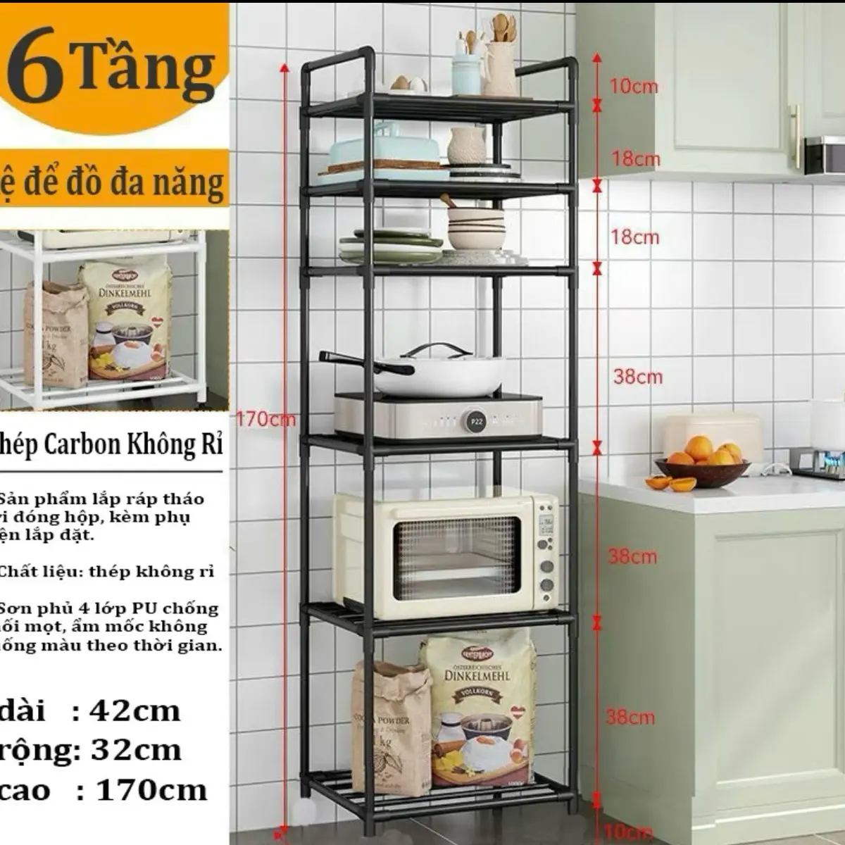 Kệ Nhà Bếp Kệ 6 Tầng Đa Năng Thông Minh Khung Thép Phun Sơn Tĩnh Điện Chống Rỉ Loại 1 Nội Địa Trung Inox Kitchen