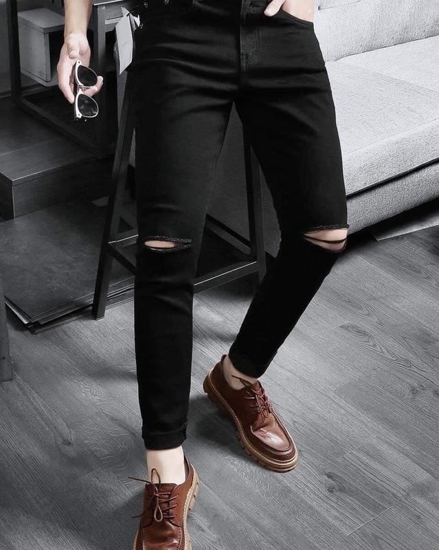 Quần jean dài nam đen rách hai gối co dãn chất vải mềm Menswear Pants