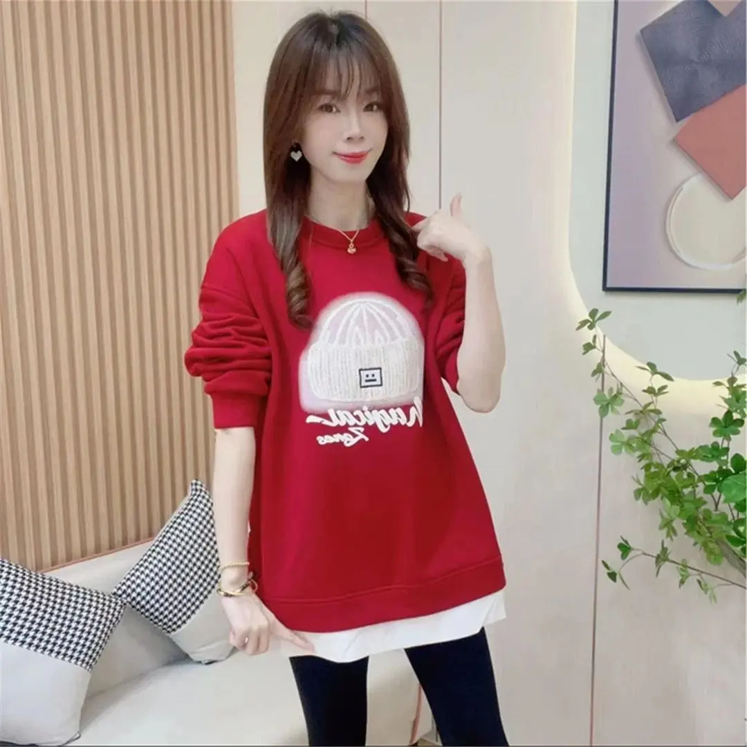 Autumn and Winter Slim New round Neck Sweater Thickened Warm Printing Coat Loose Fashion Casual All-Matching Top Womenswear Hoodie