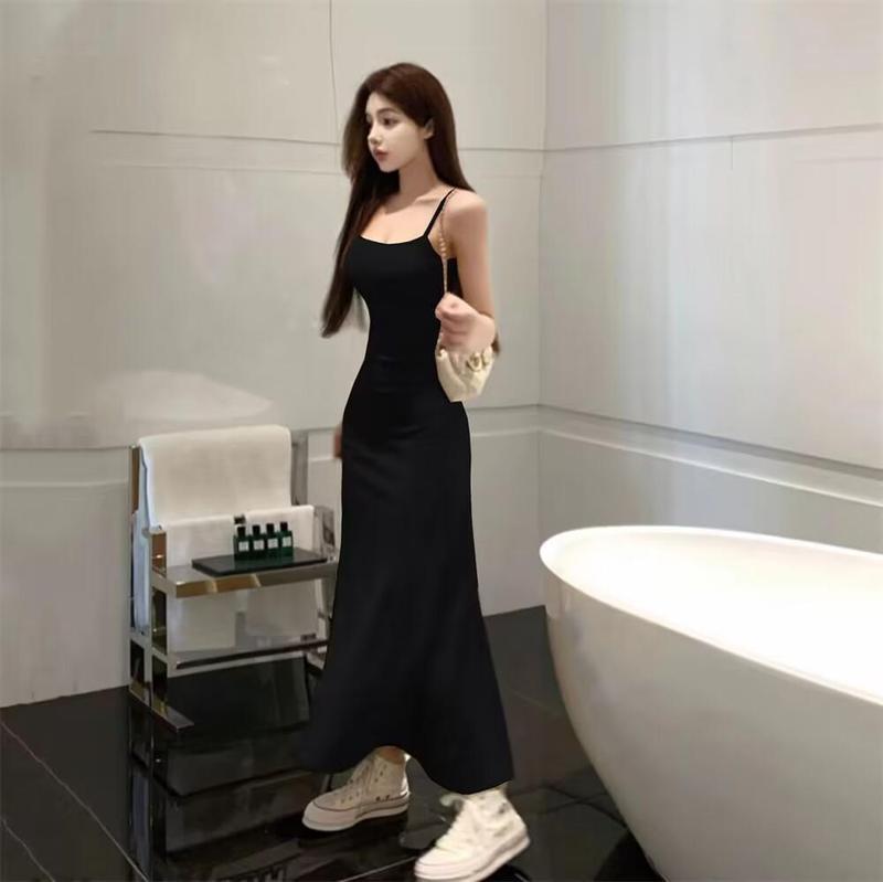 Product Introduction of Summer Dress Hot Girl Elastic Strap Dress Women Sleeveless Off-Shoulder Waist-Cinching One-Shoulder Base Long Dress 4