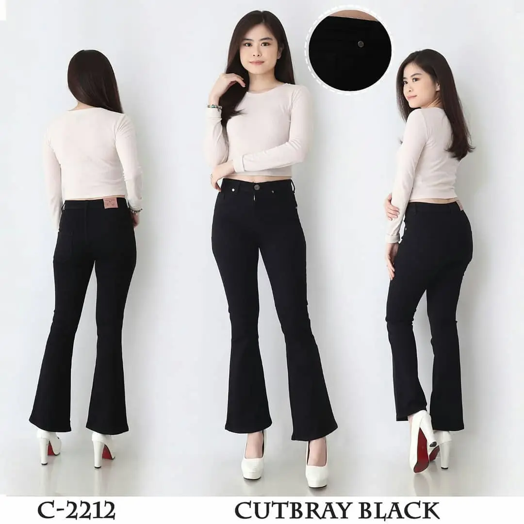 Highwaist jeans wanita cutbray Hitam stret/melar