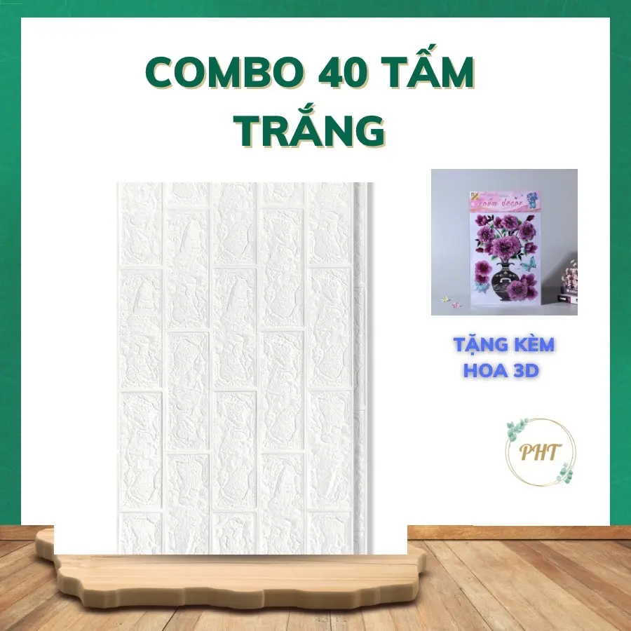 Combo 40 tấm xốp dán tường trắng kích thước  70x40 (Tặng 1 .hoa 3d)