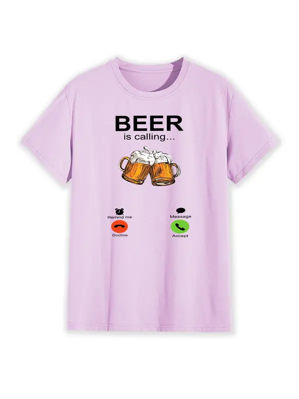 Men's Beer & Letter Graphic Round Neck Tee, Casual Comfy Regular Fit Short Sleeve T-Shirt for Summer, Knitting Top for Men, Graphic Tees 2