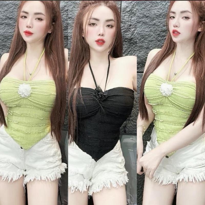 ￼Áo yếm đính bông hồng cột dây nơ cổ. Áo ống nữ vải xốp nhật cotton mã i5