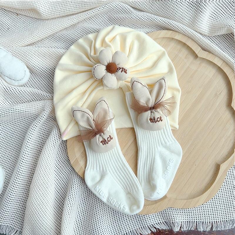 Set mũ kèm tất dài hình thỏ xinh xắn cho bé gái từ 4-10kg Cotton Vải Cotton 2