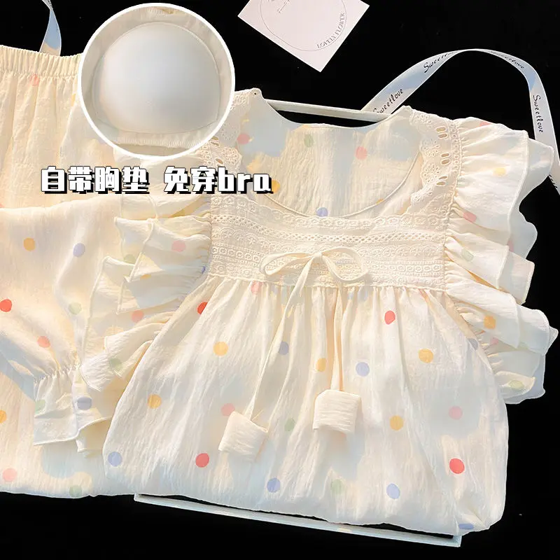 Đồ Ngủ Nữ, Phong Cách Trung Quốc, Dài Tay, Thích Hợp Cho Mùa Xuân Và Mùa Thu, Bộ Sưu Tập Mùa Hè Tươi Mới, Thiết Kế Ngọt Ngào Có Đệm Ngực, Có Thể Mặc Làm Áo Mặc Bên Ngoài Đồ Mặc Nhà