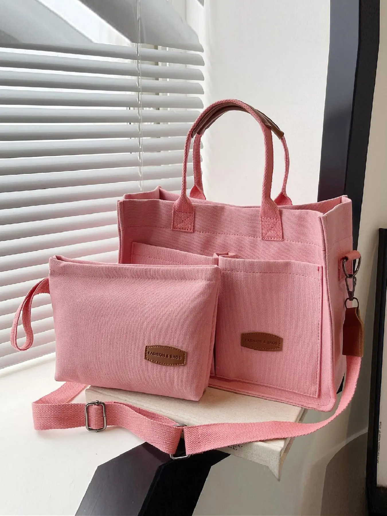Women's Fashionable Solid Color Tote Bag & Makeup Bag Set, Casual Large Capacity Shoulder Bag Set, Trendy Versatile Daily Commuting Bag Set