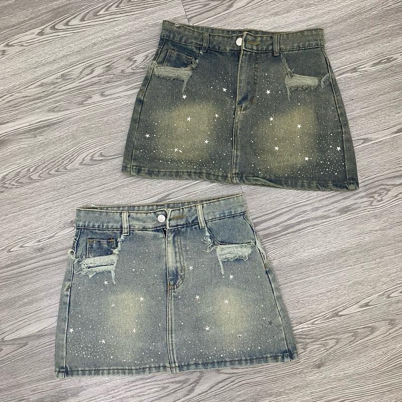 Chân Váy Jeans Đính Đá Ngôi Sao Cạp Cao Có Quần Bảo Hộ Nữ Women