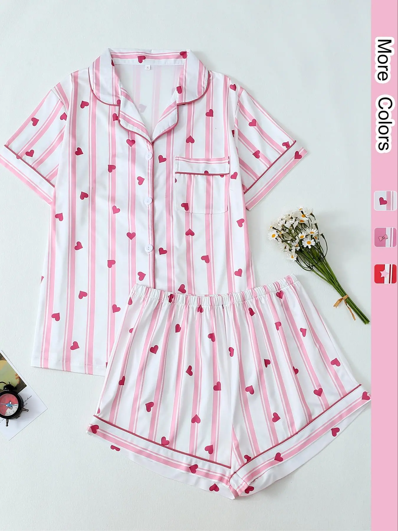 Women's Heart Print Tee & Striped Print Shorts Pyjama Set, Casual Comfy Round Neck Short Sleeve T-shirt & Shorts PJ Set, Ladies Summer Sleepwear