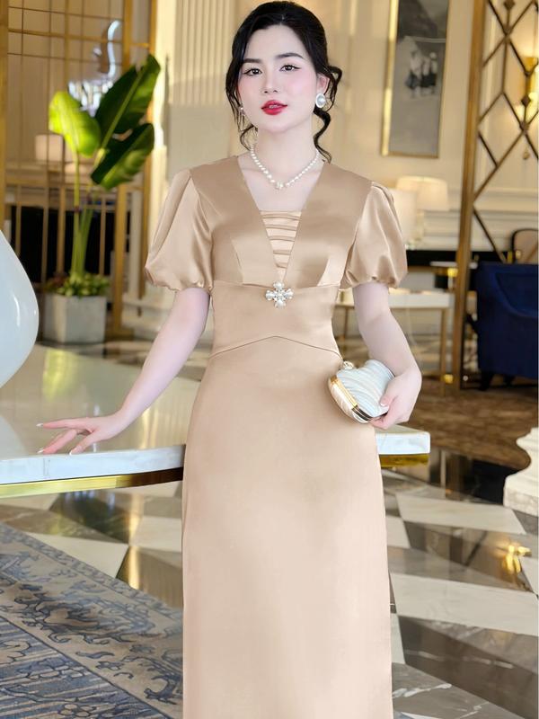 [MIỄN SHIP] MDU4515 Váy Lụa Twist Satin Cao Cấp - Thiết Kế Cổ Cách Điệu Tay Bồng Tinh Tế Dành Cho Nữ Women Dress váy  nữ 2