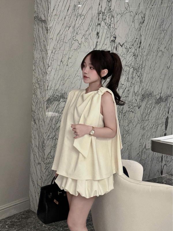 Set Áo Buộc Nơ Kèm Váy Bồng Cao Cấp - LIING Nữ Women Kem 2