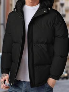 Men's Solid Color Zip Up Thermal Lined Winter Jacket, Loose Casual Long Sleeve Drawstring Pocket Hooded Outerwear for Fall & Winter, Men's Clothes for Daily Wear