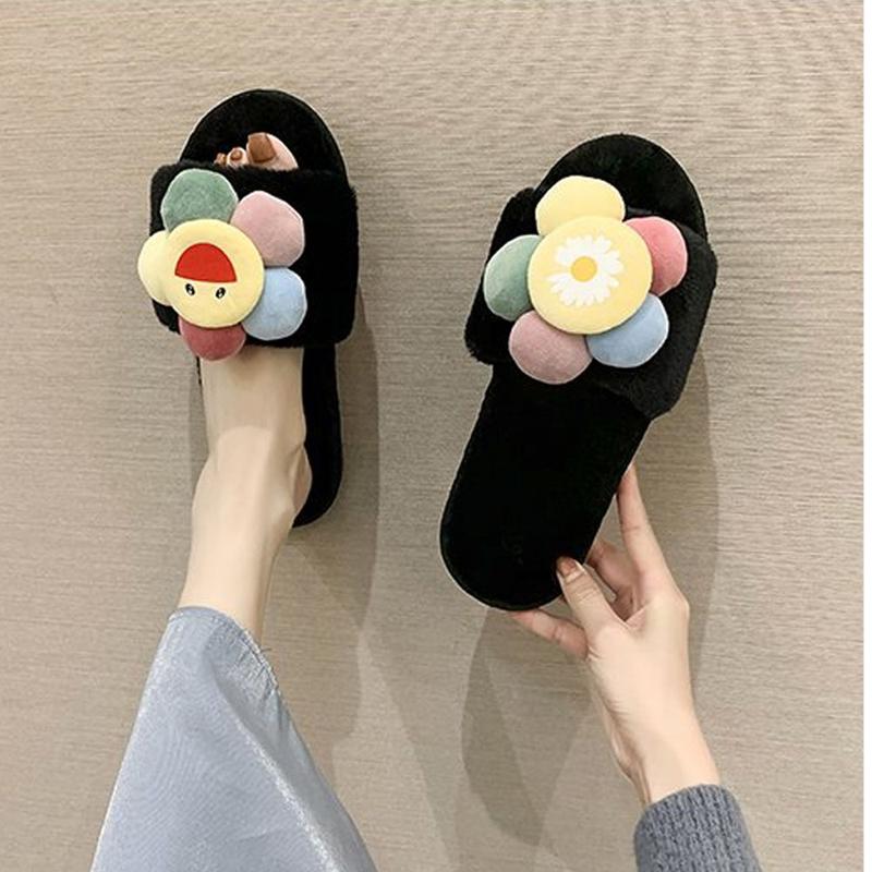Dép lông thỏ hình Hoa mặt cười to đi trong nhà, quai ngang dạng bánh mì, đi ấm chân vào mùa đông Dép Nữ 3
