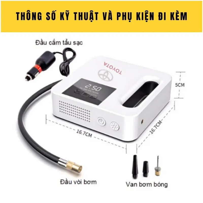 Bơm Lốp Ô Tô 12V-5A Đồng Hồ Điện Tử Tự Ngắt Cao Cấp Công Nghệ Nhật Bản Kích Thước Nhỏ Gọn Dễ Lưu Trữ Dây Cắm 3.2M An Toàn Giao Thông LED Chiếu Sáng 1