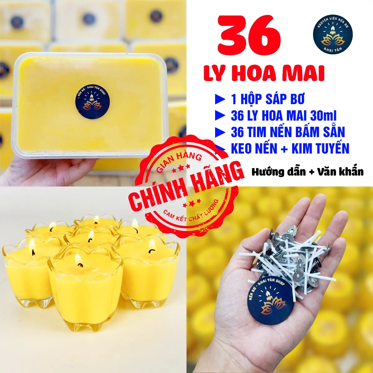 Combo Đầy Đủ Làm 36 Ly Nến Bơ Hoa Mai, Nguyên Liệu Làm Nến Bơ Cúng Phật, Nến Cúng Dường nguyen lieu lam nen bo Multicoloured Không độc hại