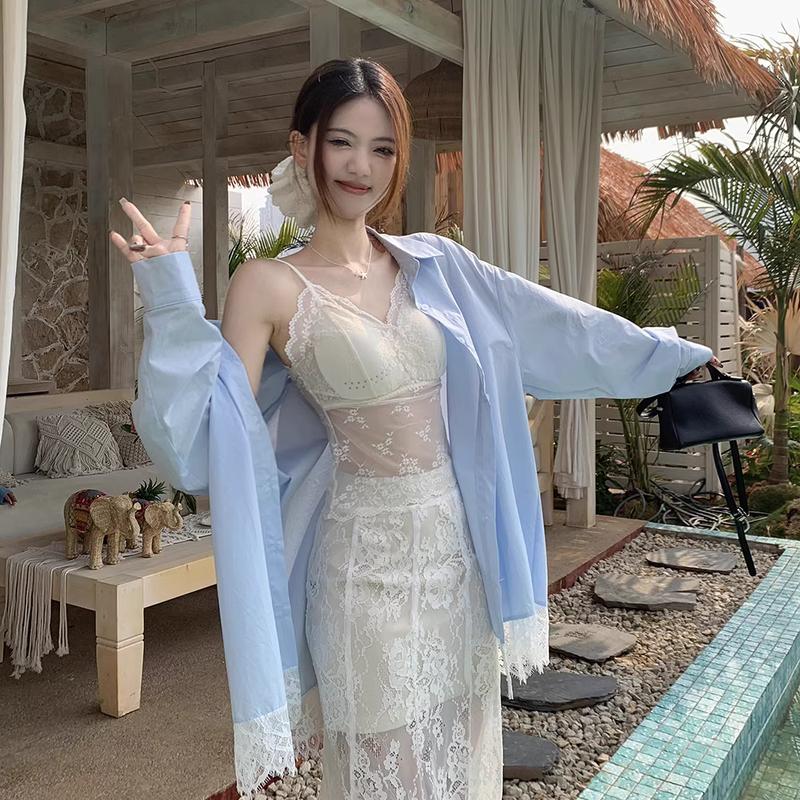 Áo Sơ Mi Dài Tay Dáng Rộng Khâu Ren, Dành Cho Nữ, Vải Polyster Và Cotton, Cổ Polo, Thiết Kế Đẹp, Phong Cách Kỳ Nghỉ, Chống Nắng, Hàng Mới Về Mùa Xuân Và Mùa Hè 2025 3