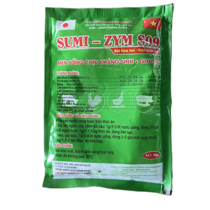 Men Glucan Sumi Zym S09 100g phòng ngừa tiêu chảy tăng tính thèm ăn phân khuôn ít mui ít mùi giảm chi phí chăn nuôi 0