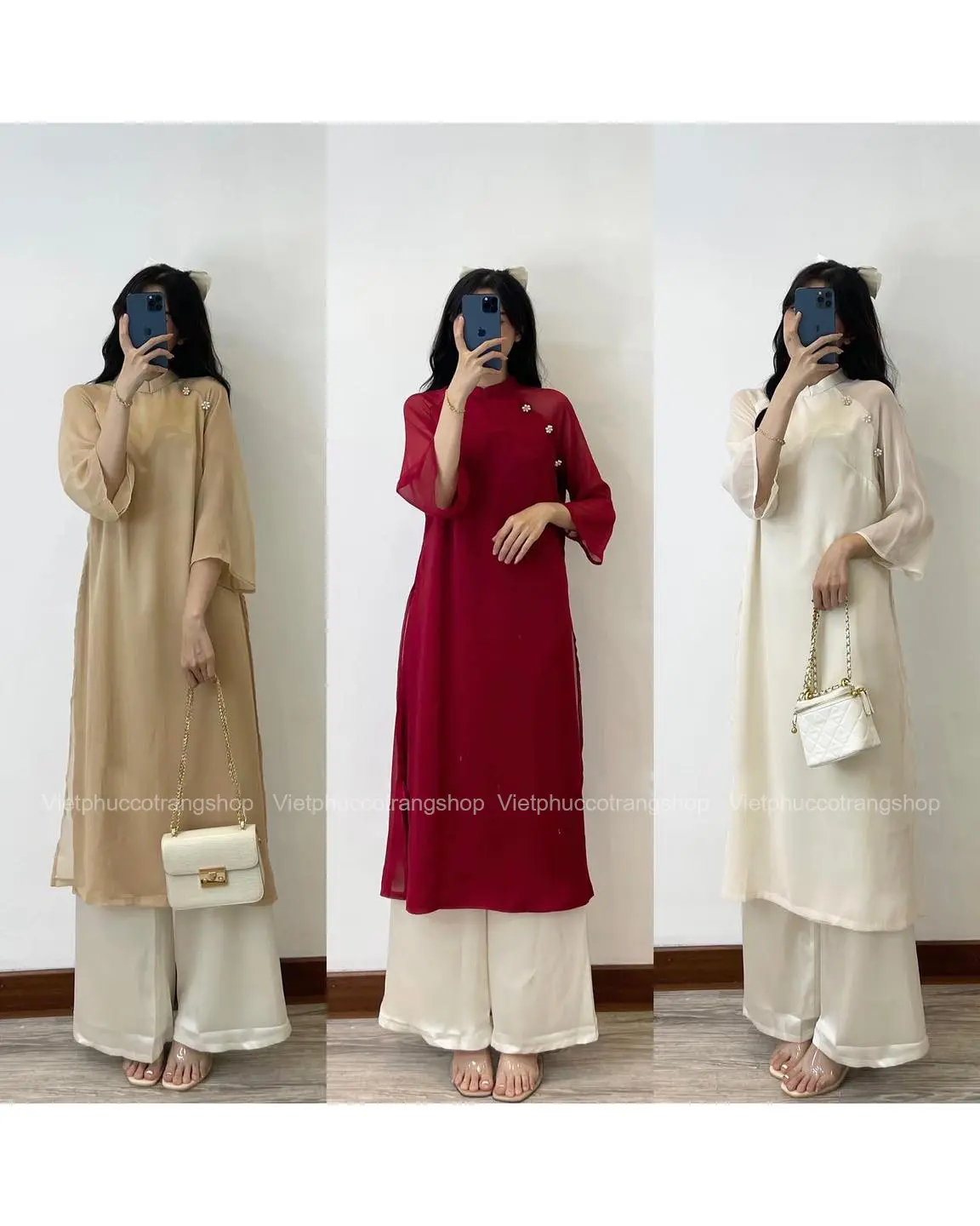 Set áo dài voan cách tân tay lỡ đính hoa cúc lệch kèm quần / Áo dài Nguyên An