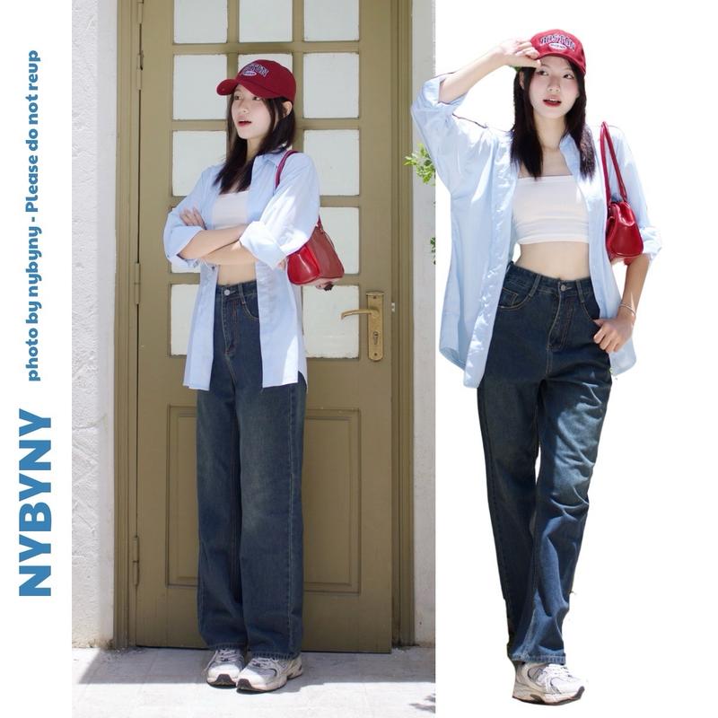 Quần Jean Nữ Ống Suông Trơn Basic Màu Xanh nybyny  MYJEAN Pants Baggy Women Ong khóa kéo tối giản