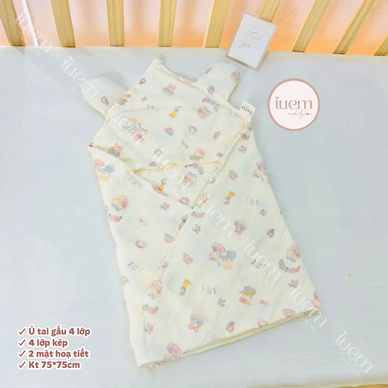 iuem Ủ choàng tai gấu kích thước 75*75cm, 4 lớp kép,  quấn ủ bảo vệ cho bé sơ sinh, ủ mềm mát, nhẹ thoáng, kết hợp làm khăn tắm cho bé 6