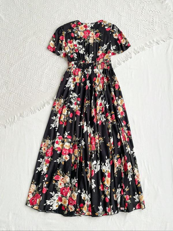 Floral Print Tie Button Front A Line Long Dress, Chic Sun Dress, Frenchy Dress in Club, Dresses, Boho V Neck Long Milkmaid Dress, Homecoming Dresses, Shortsleeve Dresses for Women, Boho Clothes Women 5