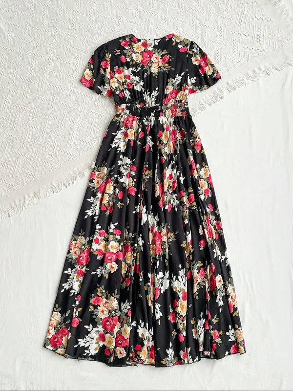 Floral Print Tie Button Front A Line Long Dress, Chic Sun Dress, Frenchy Dress in Club, Dresses, Boho V Neck Long Milkmaid Dress, Homecoming Dresses, Shortsleeve Dresses for Women, Boho Clothes Women 5