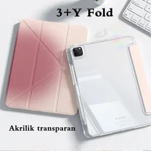 Case iPad 10th/11th/12th  /gen 9 /gen 6 /ipad pro 11 inch M4/M5 2025 /air 5/4 /air m3 11 inch /mini7/65/4 Air6/Air7/Air8 11" Casing 3+Y Fold Transparan Akrilik Tipis Slot Pena Magnetic | Pelindung Layar Full Body Anti Gores Bumper penutup