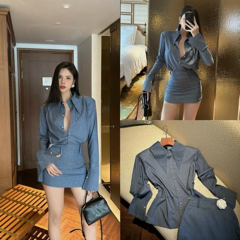  Set áo đá chân váy đá cá tính T39 Nữ Women Top Voi Chấm Bi Kem Xanh 