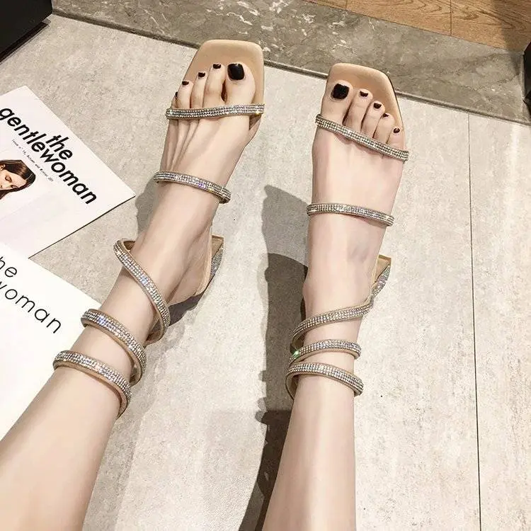 Xăng Đan La Mã Quấn Mắt Cá Chân, Xăng Đan Chữ Kim Cương Giả Với Gót Chunky, Phong Cách Thanh Lịch, Linh Hoạt Năng, Nổi Tiếng Trên Internet, Gót Giữa, Mới, Mùa Hè Nữ DéP 3