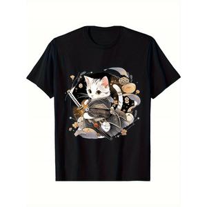 メンズ侍猫柄Tシャツ - ブラック、純綿、ラウンドネック、半袖、忍者浮世絵プリント、洗濯機対応、ストレッチ材料、日本のアニメストリートスタイル、レギュラーフィット