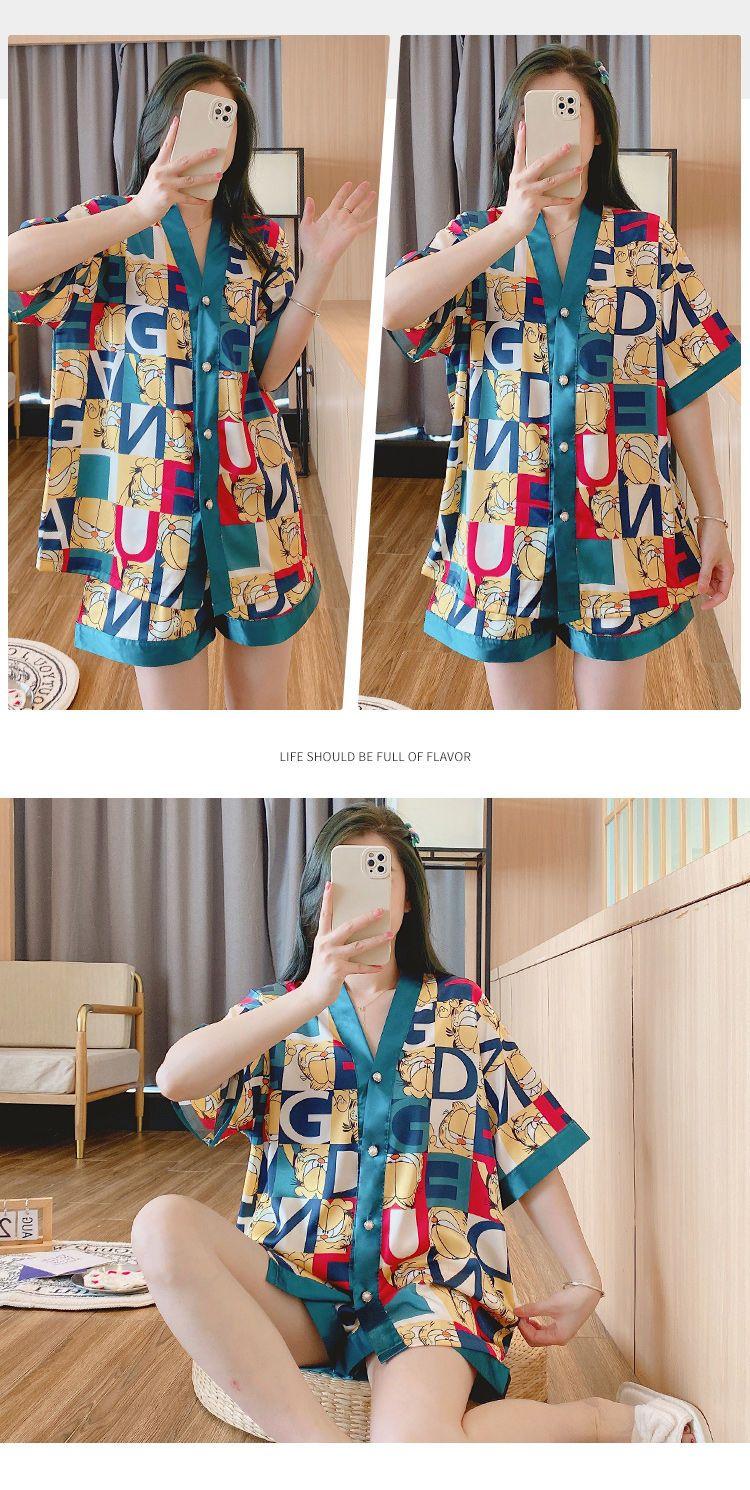 Product Introduction of Women's Pajamas 2022 New Summer Thin Ice Silk Cardigan Camellia Set Short Sleeve Cartoon Princess Style Loungewear 8