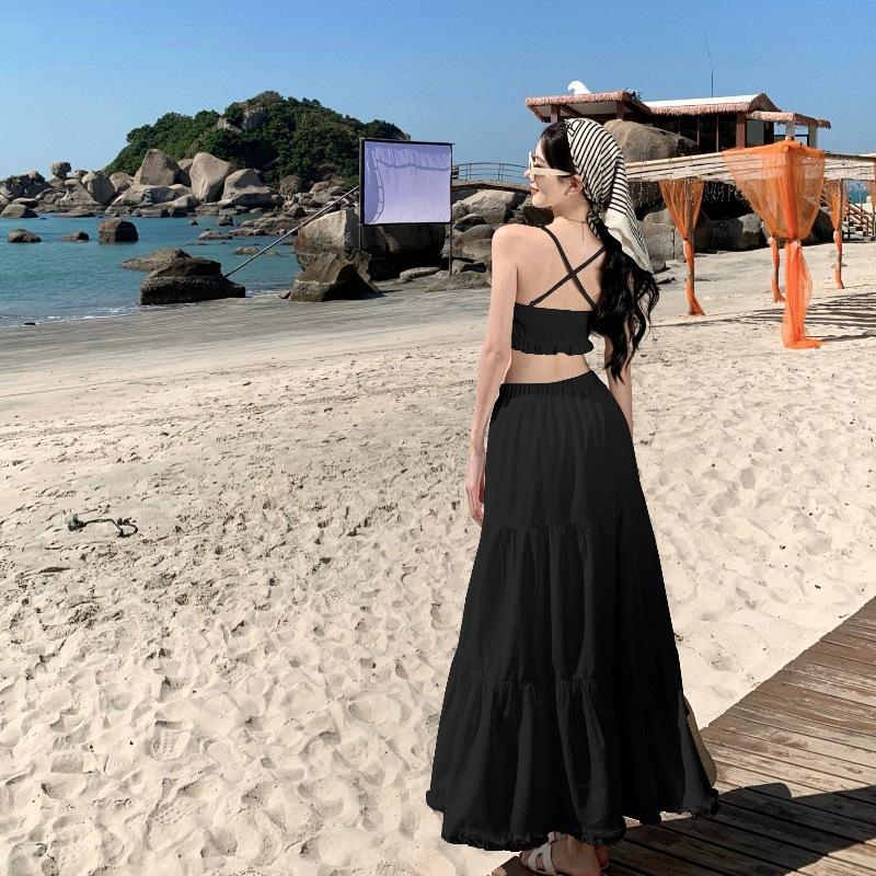 Bộ Đồ Hai Mảnh Cho Nữ, Áo Vest Có Dây Đeo Có Đệm, Váy Xếp Tầng Cạp Cao Bộ Váy Women Top 2