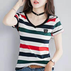 100% cotton Korean New fashion lady Cotton Short-sleeved Stripe T-shirt Women Slim Thin Large Size V-neck Half-sleeve Tee Summer Top