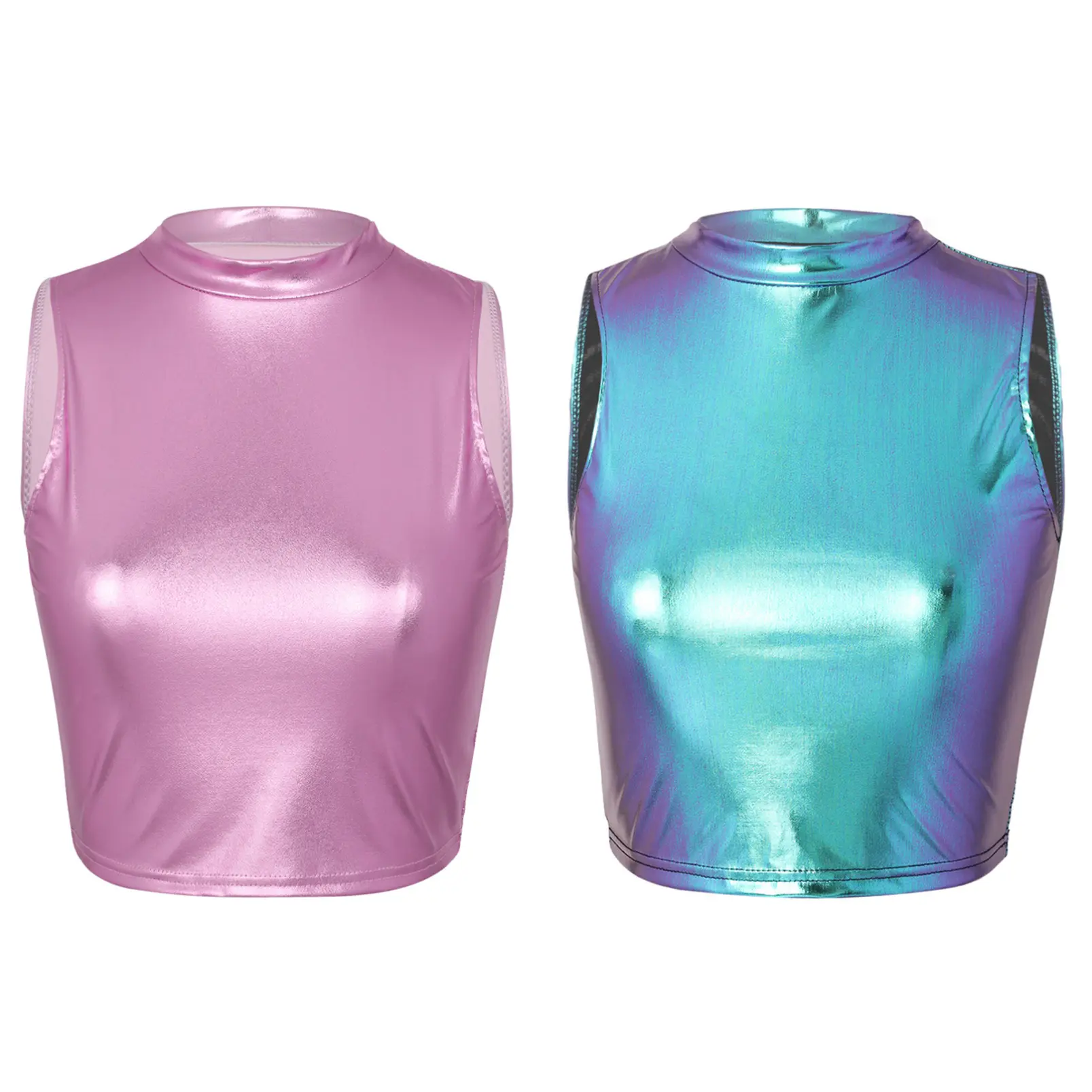 iixpin Women Metallic Tank Top Shiny Leather Sleeveless Mock Turtleneck Crop Tops Clubwear Fashion Womenswear