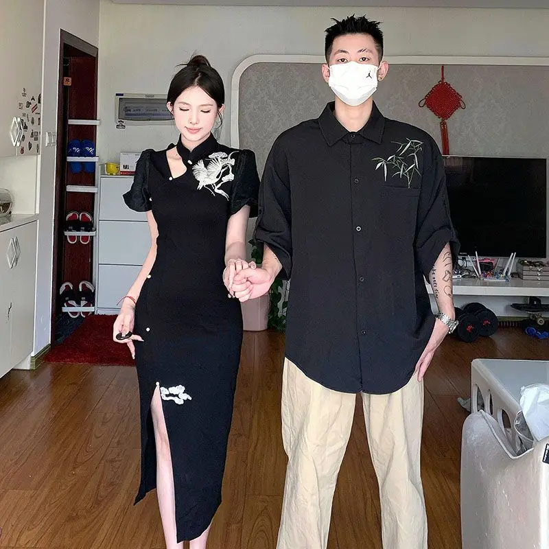 Chinese Style Summer Couple Outfits Short Sleeve Bamboo Short Sleeve Black Shirt Men New Chinese Style Three-Quarter Sleeve Shirt Summer Trend