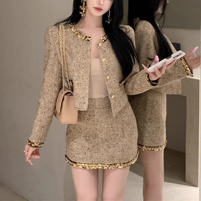 French Suit Tweed Sequined Long Sleeve Short Coat Women's Sheath Skirt Two-Piece Set