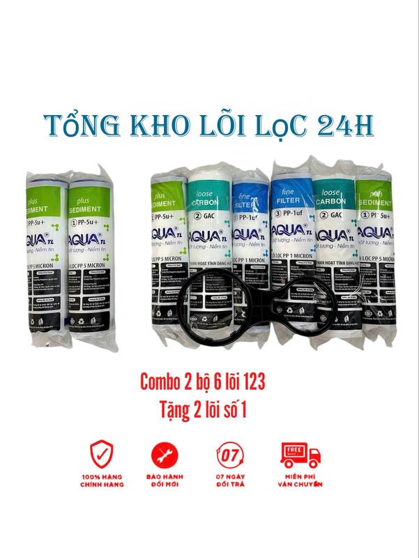 Combo 2 Bộ 6 Lõi 123 TẶNG KÈM 2 Lõi số 1, Tổng 8 lõi AQUA Chính Hãng Dùng được cho mọi loại máy lọc nước gia đình, máy lọc nước RO cốc lọc 10 inch