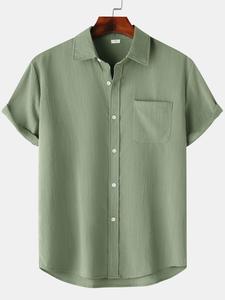 Camisa de hombre sólida con bolsillo y botón al frente, corte regular, manga corta y cuello para primavera y otoño, ropa de moda para uso diario