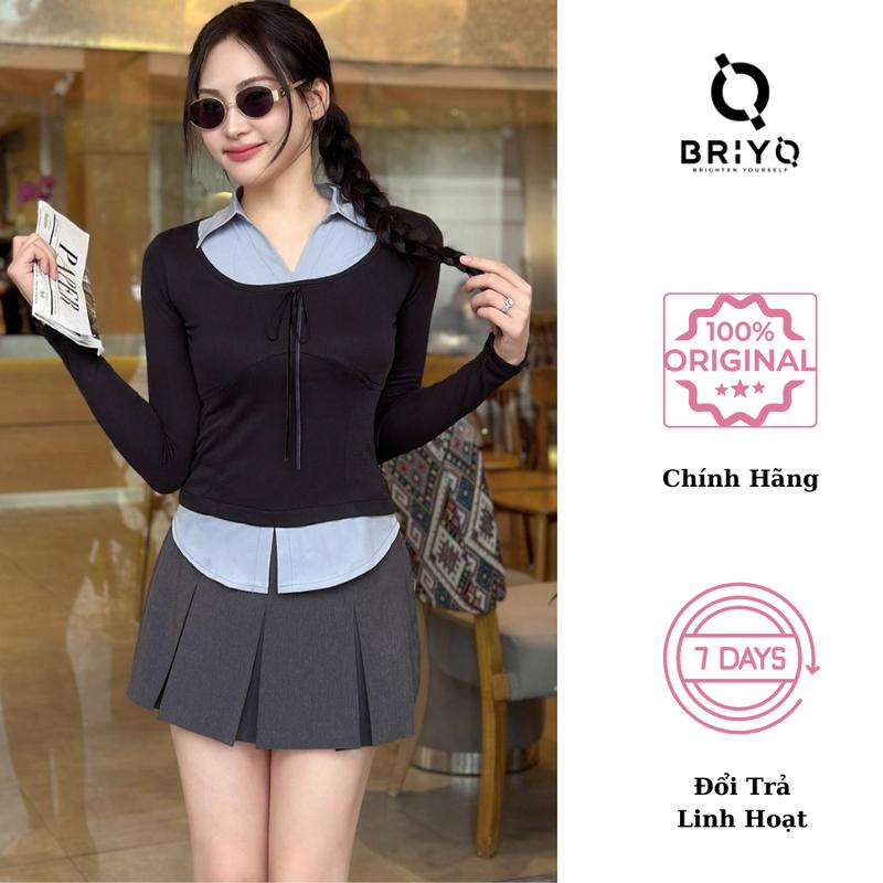 [Xả Kho] Áo Thun Tăm Phối Cổ Sơ Mi Xinh Xắn Phong Cách Hàn Quốc áo len nơ BRIYO TD39 Nữ Women Top