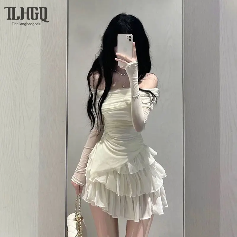Váy Trễ Vai, Phong Cách Dễ Thương Và Gợi Cảm, Áo Lưới Cô Gái Nóng Bỏng, Váy Bánh Ngọt Dài Một Nửa, Cạp Cao Mùa Hè, Phồng, Bộ Đồ Hai Mảnh, Thích Hợp Cho Phụ Nữ, Kiểu Trễ Vai