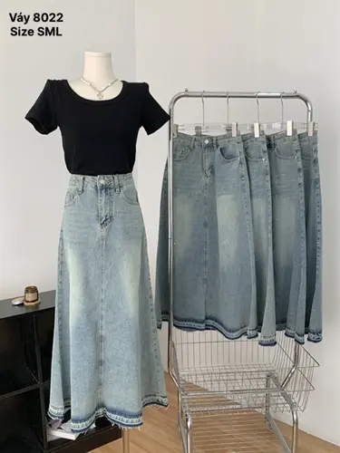 Chân váy jean xoè MÀU XANH NHẠT_CV 1034_chân ngắn BT1