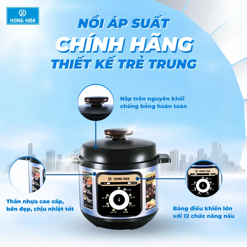 Nồi Áp Suất Chính Hãng 1.5 lít Hùng Hoa: Nắp nồi chống bỏng; 12 chức năng nấu; Tiết kiệm thời gian, tiết kiệm điện; Kiểm soát nhiệt độ tự động; Tặng kèm túi vải cao cấp hoặc Hộp đựng thức ăn + Muôi xới cao cấp 2