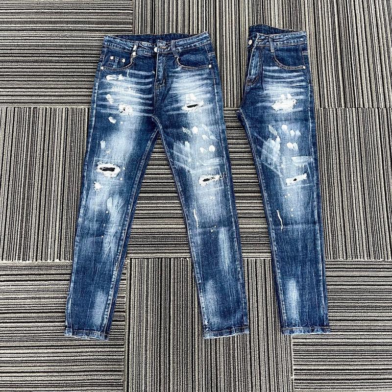 Quần jean d2 rách xù nhẹ có lót dập nhăn túi chấm sơn bản vải cao cấp Menswear Nam Pants