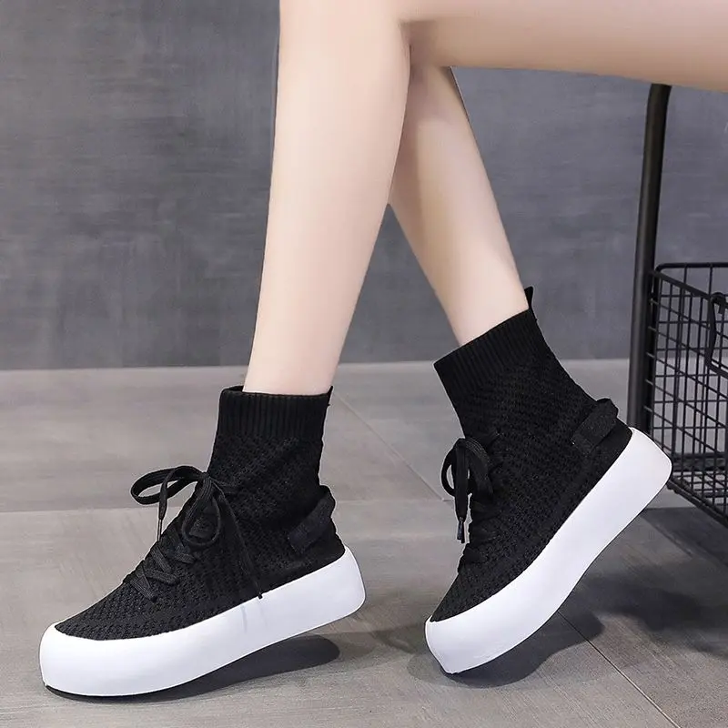 Giày Cao Cổ, Giống Tất, Dành Cho Nữ, Bộ Sưu Tập Mùa Lò Xo 2024, Mỏng, Thể Thao Đi Chơi Đáy Phẳng, Kiểu Lười, Thoáng Khí, Bó Sát, Bốt Dệt Kim Shoes Boot 5