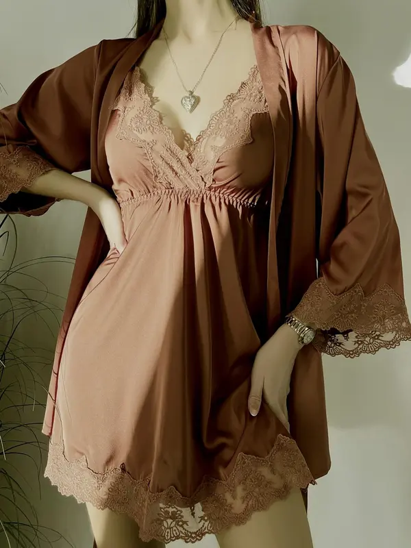 Women's Plain Contrast Lace Pyjama Set, Elegant Cami Nightdress & Belted Lounge Robe, Fashion Summer Clothes Women, Womens Clothes, Ladies Sleepwear & Loungewear, Pajama Sets Women, Women's Clothes 3
