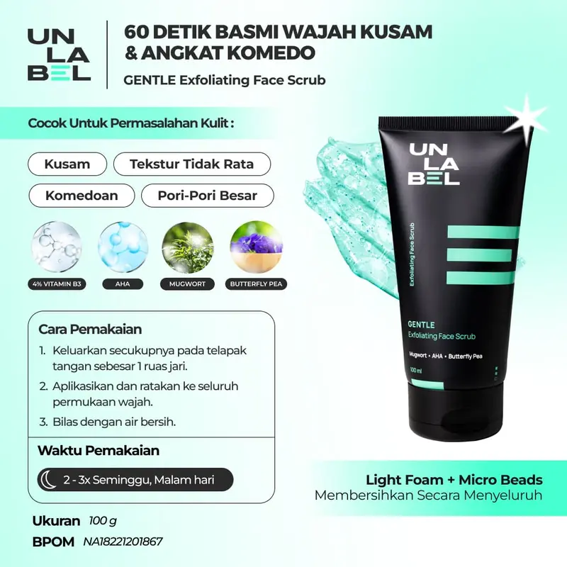 UNLABEL - Gentle Exfoliating Face Scrub 100 ml (Eksfoliasi Wajah Mengatasi Kusam dan Angkat Komedo , Mencerahkan , Mengangkat Sel Kulit Mati, Kontrol Minyak Berlebih, Meratakan Tekstur Wajah) / Facial Scrub 1