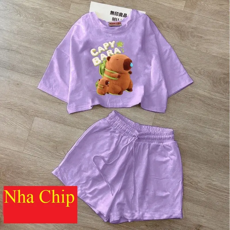 BỘ BÉ GÁI CROPTOP-IN HINH GẤU CAPYBARA Cotton 1